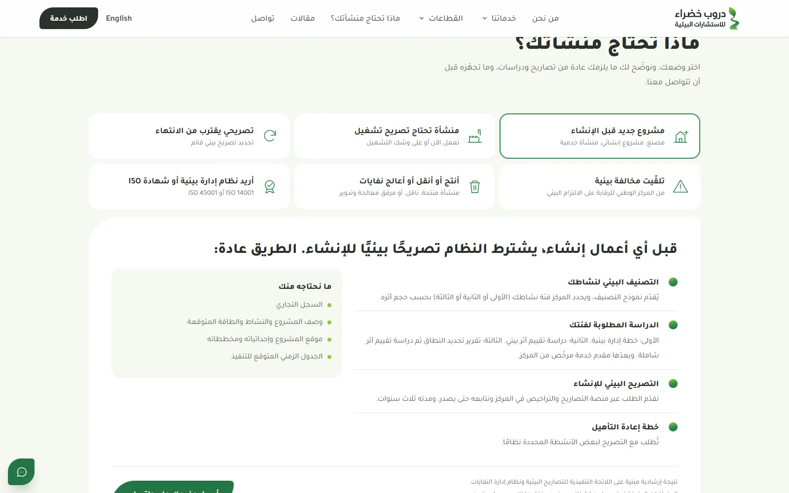 دروب خضراء للاستشارات البيئية: أداة «ماذا تحتاج منشأتك؟»