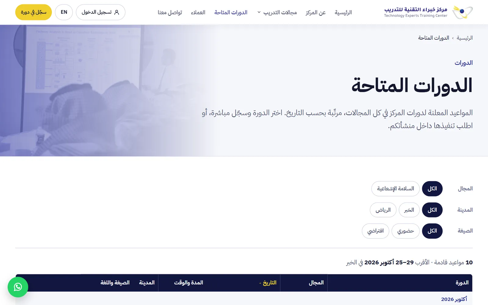 مركز خبراء التقنية للتدريب: جدول الدورات